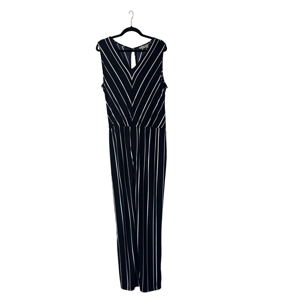 Chico's Collection Striped Jumpsuit Sleeveless Keyhole Black White Size 3‎